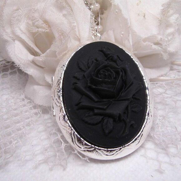 Spell Black Gothic Mourning Rose Cameo Locket Necklace birthday gift wedding - Picture 3 of 8